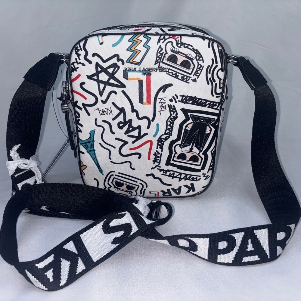 Karl Lagerfeld Black and White Messenger Bag with Graphic Design
